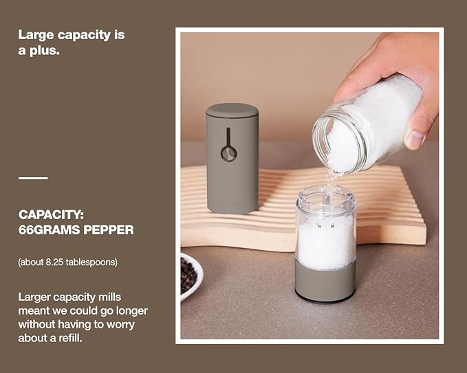 Stainless Steel Rechargeable Electric Salt and Pepper Grinder Set, USB Charging with Dust Cover, 6 Adjustable Grinding Modes + LED Light 2pack，Brown