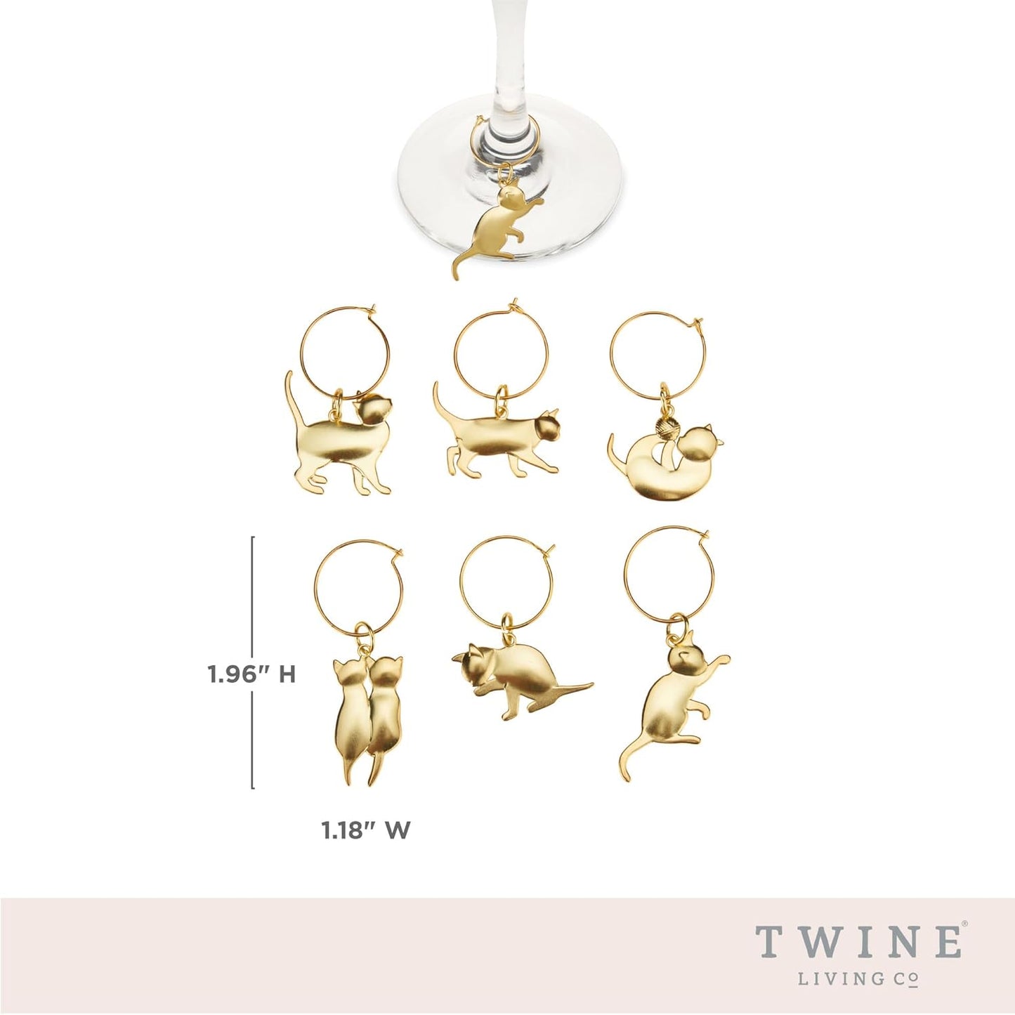 Twine Cat Lovers Wine Charm Rings with Six Unique Designs, Glass Charms for Stem Glasses, Drink Markers, Wedding, Anniversary, Birthday Party, Gold