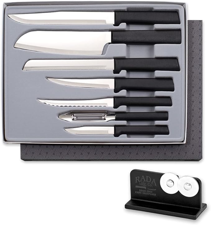 Rada Cutlery 7-Piece Starter Knife Gift Set (G257) with Quick Edge Sharpener (R119), Stainless Steel Hollow Ground Blades, Made in USA, Black Handles