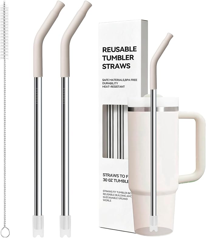 Metal Straw Reusable for Stanley 30 OZ Tumbler,11″ Long Stainless Steel Drinking Straws with Black Silicone Tip for STANLEY Quencher 30 oz Cups, 1 Straw Brush, 100% BPA Free Dishwasher Safe(Cream Gray