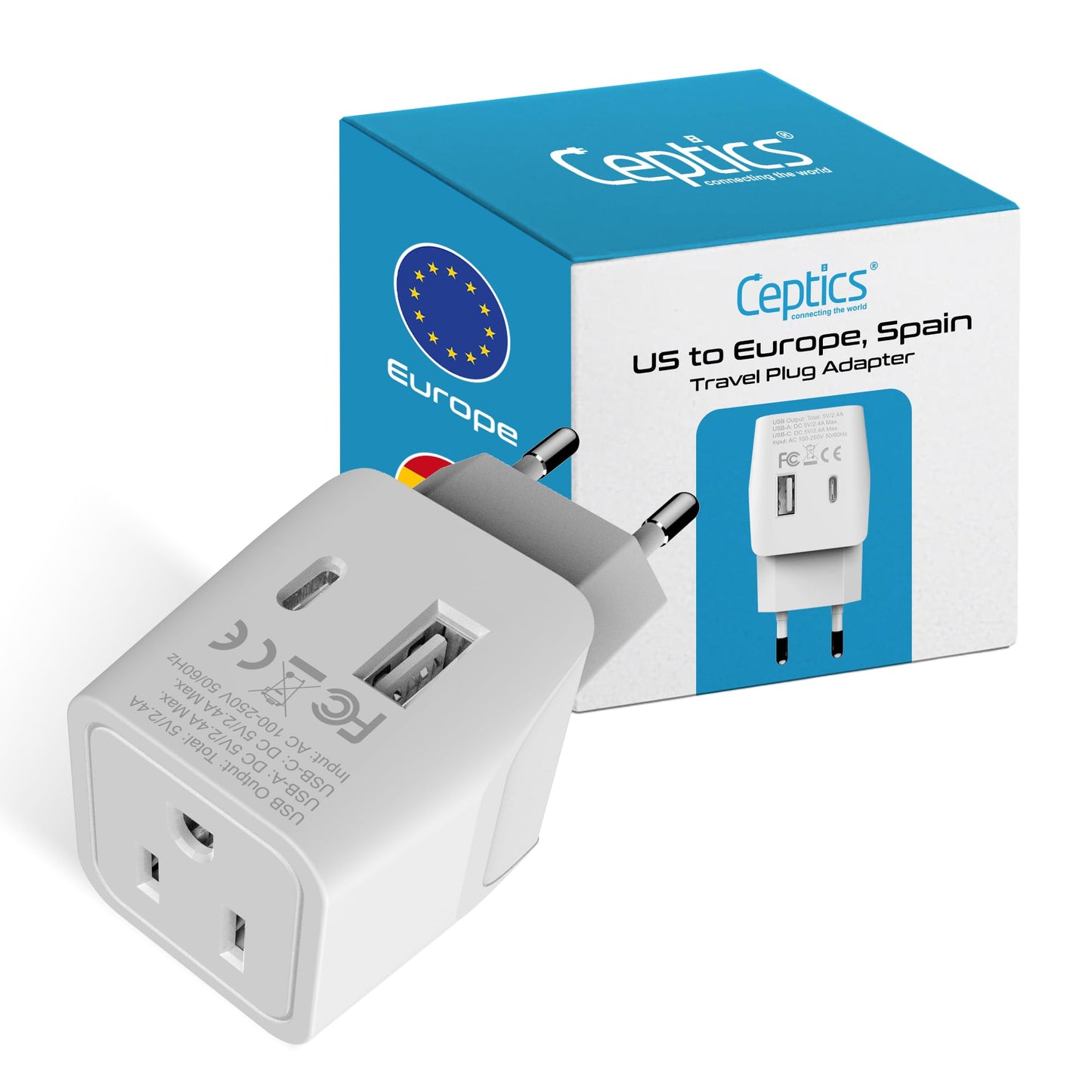 Ceptics 3 In 1 European Travel Plug Adapter - Compact Type C Adapter With Usb-A & Usb-C, Ideal For Phones, Laptops, Cameras & Mo