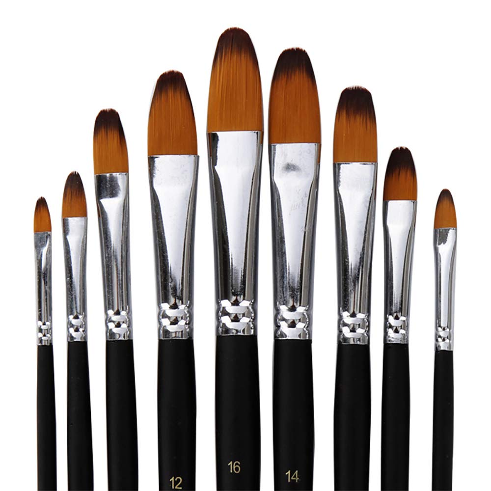 Artist Paint Brushes Set,9 Pcs Professional Filbert Brushes for Acrylic Oil Watercolor Gouache Painting Kits with Long Handle Nylon Hair Black
