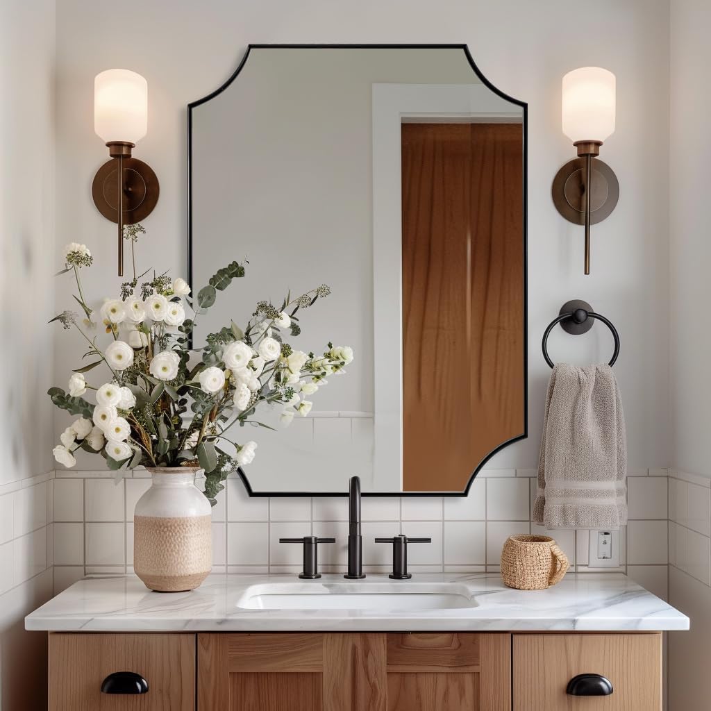 ANDY STAR 24x36 Inch Black Mirror, Matte Black Scalloped Wall Mirror, Modern Black Framed Mirror with Sophisticated Scalloped Design, Glass Panel Wall-Mounted Mirror Hangs Vertical or Horizontal