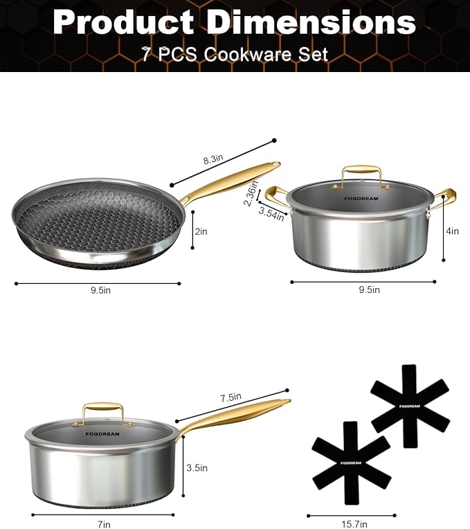 FogDream 5 Pcs Stainless Steel Cookware Set, 9.5in Non Stick Frying Pan, 5-Quart Soup Pot & 2.3-Quart Sauce Pan with 2 Lids, Stay-Cool Handles, Dishwasher & Oven-Safe, Induction Compatible, Gold