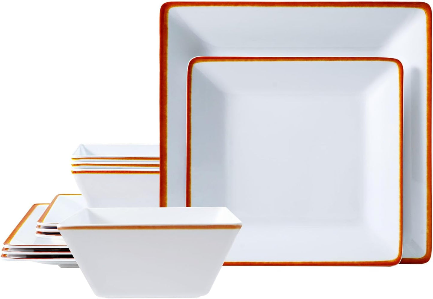 TP 12-Piece Dinnerware Set, Melamine Dishes Set with Bowls and Plates, Non-breakable and Lightweight Square Dinner Set for 4, White with Rim