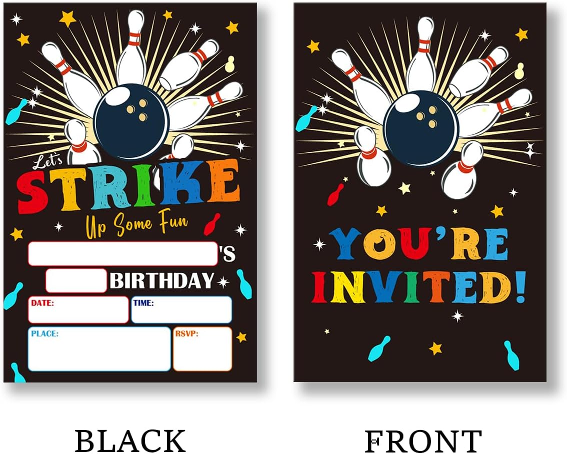 Bowling Birthday Party Invitations Supplies with Envelopes Set of 20 Bowling Theme Birthday Invites for Boys Fill in Blank, Double Sided