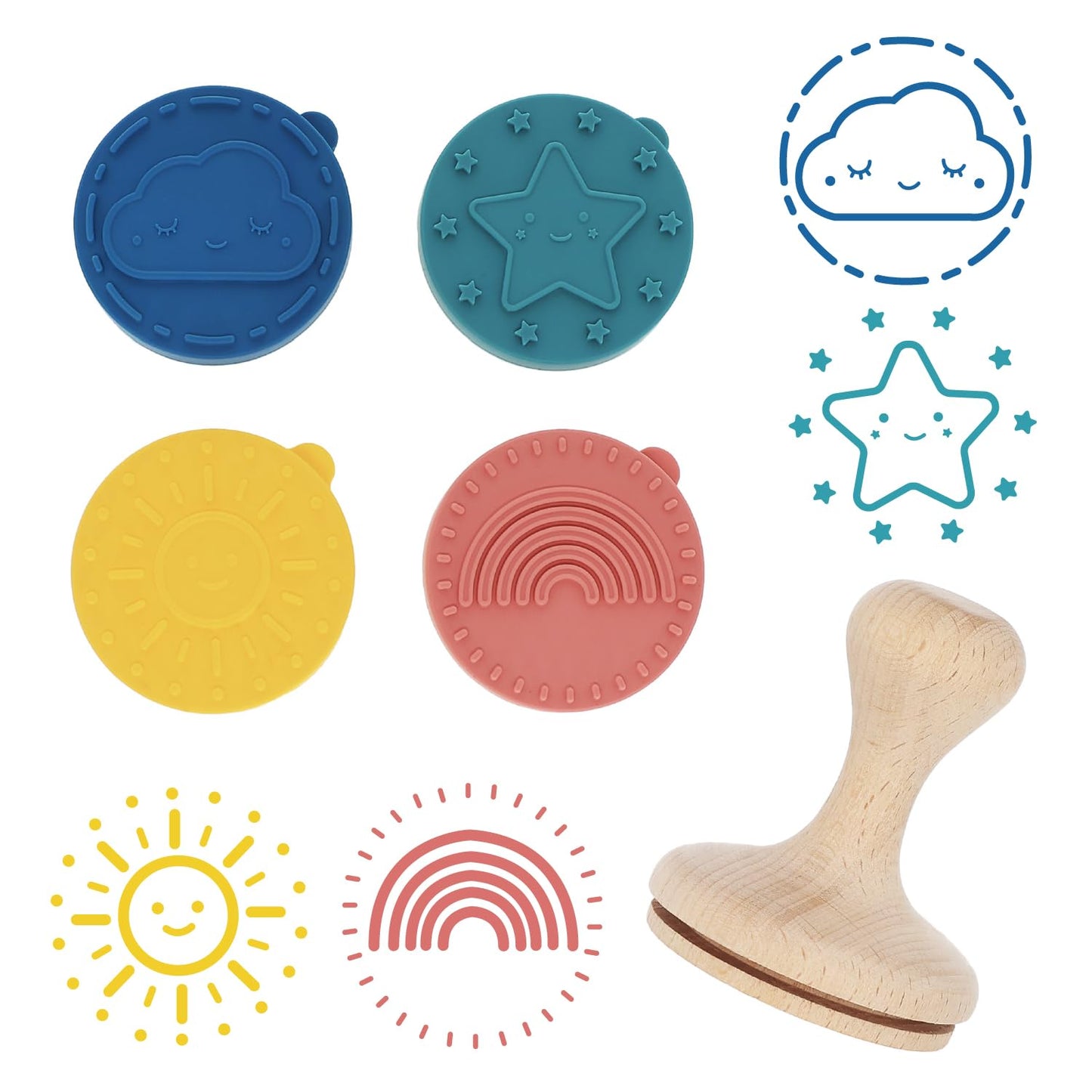 Happy Skies Rubber Stamp with Wood Handle, 4 Interchangeable Silicon Stamps of a Sun, Cloud, Star, and Rainbow, Fun Kids Craft Supplies and Art Supplies, Arts and Crafts for Kids 4-6 and Families