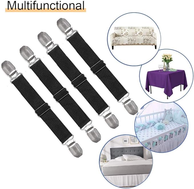 4Pcs Adjustable Bed Sheet Straps Clips, Elastic Mattress Sheet Fasteners Holder and Suspenders, Grippers to Hold Sheet, Mattress, Sofa, Couch, Table Cloth, Recliner Ironing Board Cover and More
