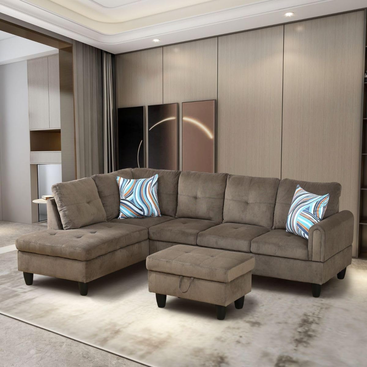 Brown L-Shaped 3-Piece Corduroy Sofa with Storage Ottoman Set, Sectional Couch Sofa Set for Living Room, Office, Small Space