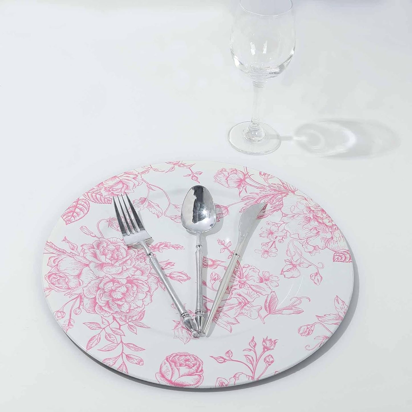 Efavormart 6 Pack White Pink Floral Acrylic Charger Plates in French Toile Pattern, Round Dinner Charger Event Tabletop Decor - 13"