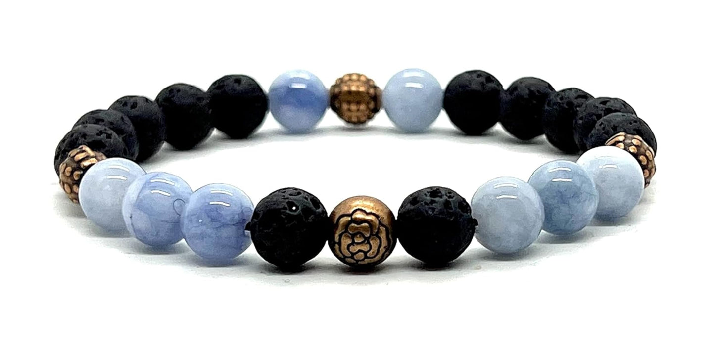 AWAKEN YOUR KUNDALINI Lava Rock & Aquamarine Stretch Bracelet – 8mm Beads, Copper Spacers