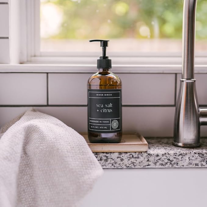 River Birch Sea Salt + Citrus Scented Natural Hand Soap - Handmade Soap - Moisturizing Hand Wash with Amber Glass Dispenser - Luxury Scented and Hydrating - Vegan and Non-Toxic - 16 Fl Oz