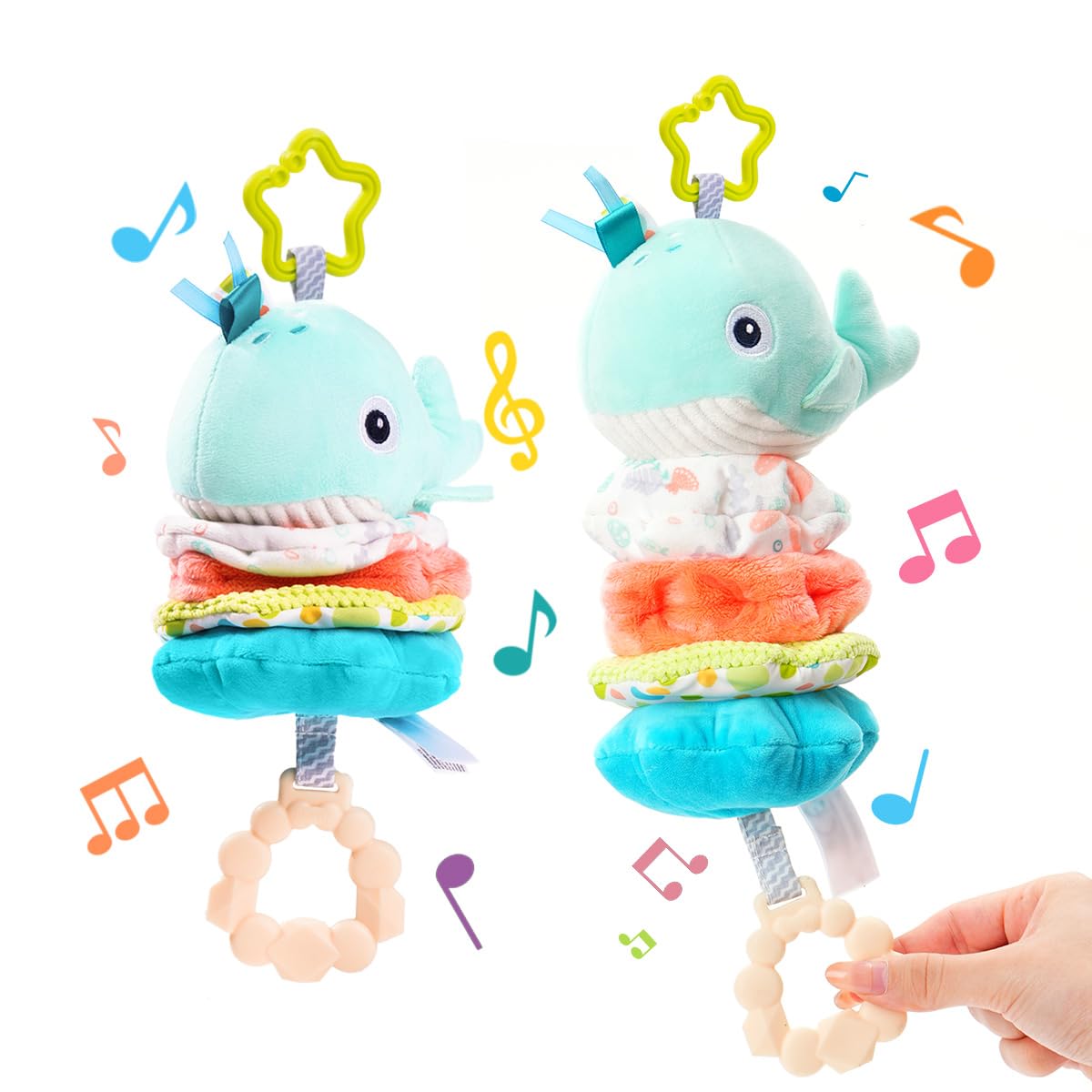 Jollybaby Baby Musical Pull String Hanging Toy for Stroller Car Seat Crib Play Gym, Plush Stuffed Whale Toy for Carseat with Music Teether Crinkle Paper, Sensory Toy for 0-6-12-18 Months Baby Gift