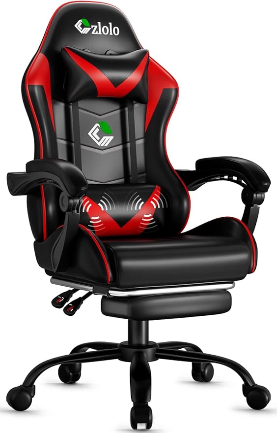 Gaming Chair with Footrest Racing Style Lumbar Support Massager Video Game Chair with Metal Legs, High Back Reclining Gamer Chair with Headrest, 360° Swivel Office Computer Desk Chair (Red)
