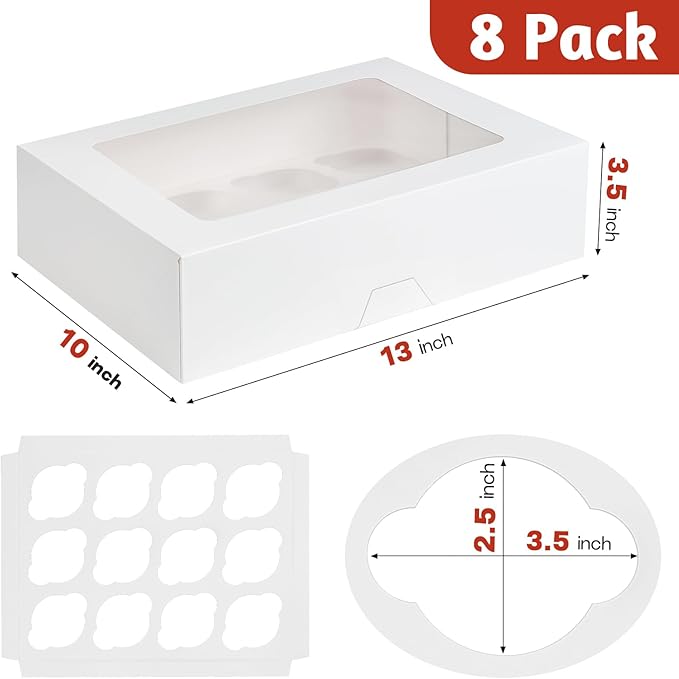 12 Count Cupcake Boxes, 8 Pack Auto-Popup White Cupcake Containers with Window and Inserts Cupcake Carrier with Holders to Fit Dozen Cupcakes and Muffins