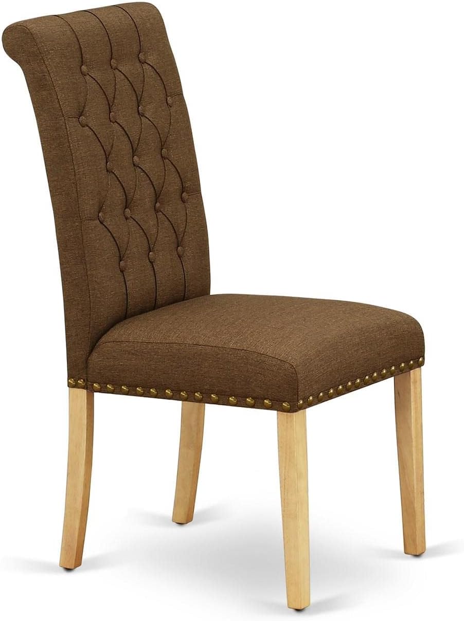 East West Furniture BRP4T18 Bremond Parson Kitchen Chairs - Button Tufted Nailhead Trim Brown Linen Linen Fabric Upholstered Dining Chairs, Set of 2, Oak