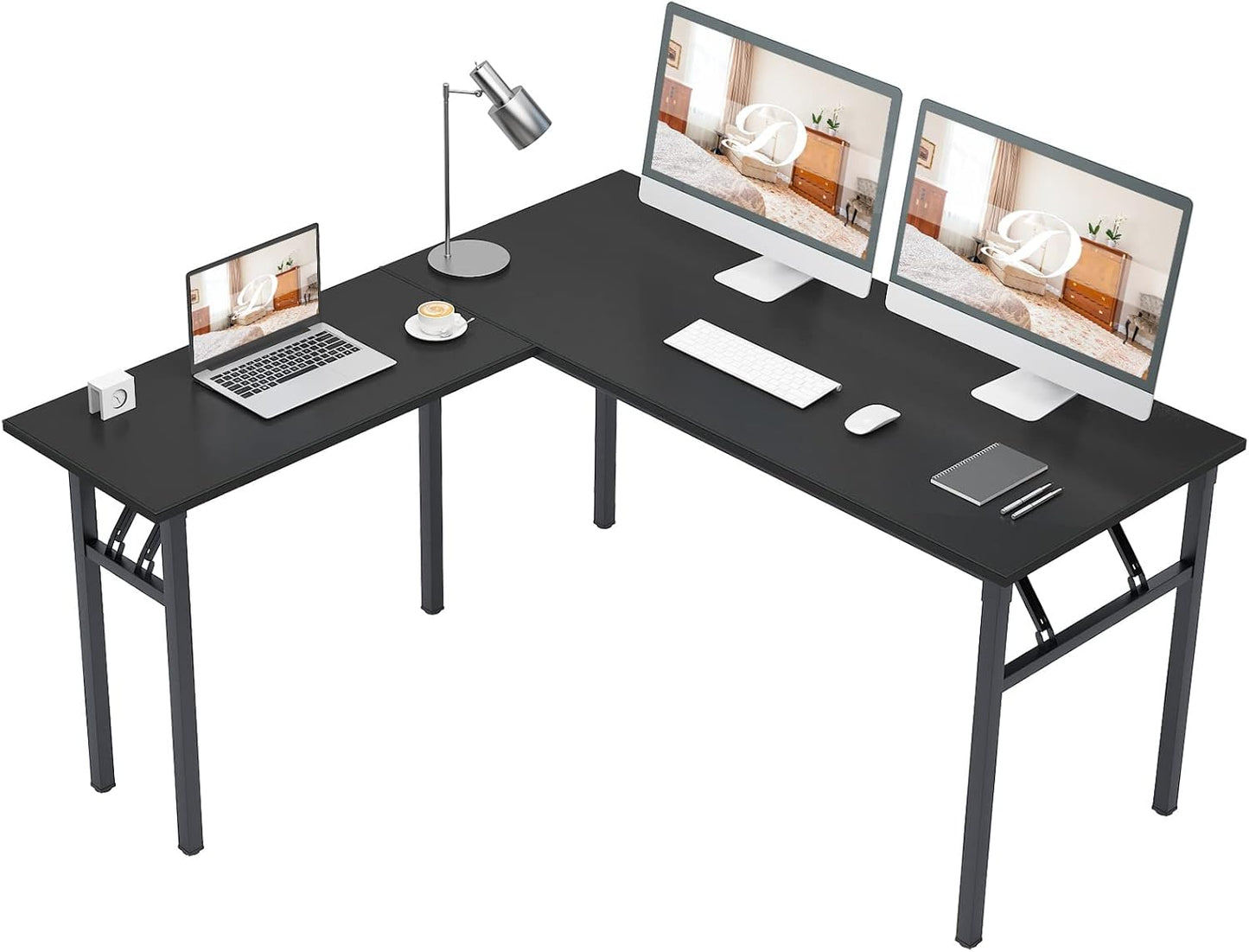 DlandHome Reversible L-Shaped Desk Large Corner Desk Folding Table Computer Desk Home Office Table Computer Workstation,Black-N