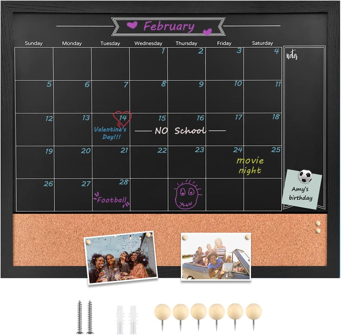 TORASO Chalkboard Calendar & Corkboard, Magnetic Surface 24" x 32" Combination Chalk Board & Bulletin Board, Black Framed Blackboard/Calendar/Cork Combo Board(ZHHB-BK-6080)