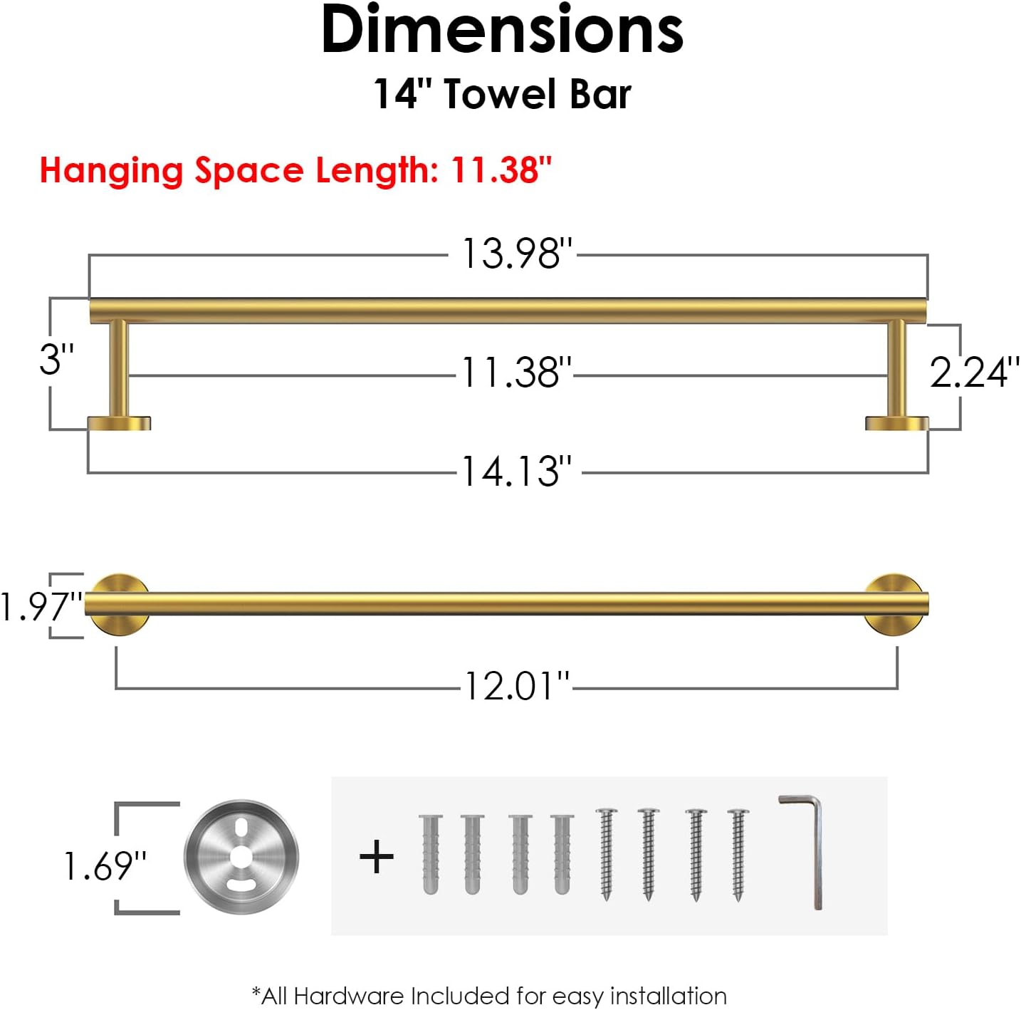 FORIOUS Towel Bar Wall Mounted, Stainless Steel Towel Racks for Bathroom, Includes Wall Mounting Hardware (Brushed Gold, 14 Inch)
