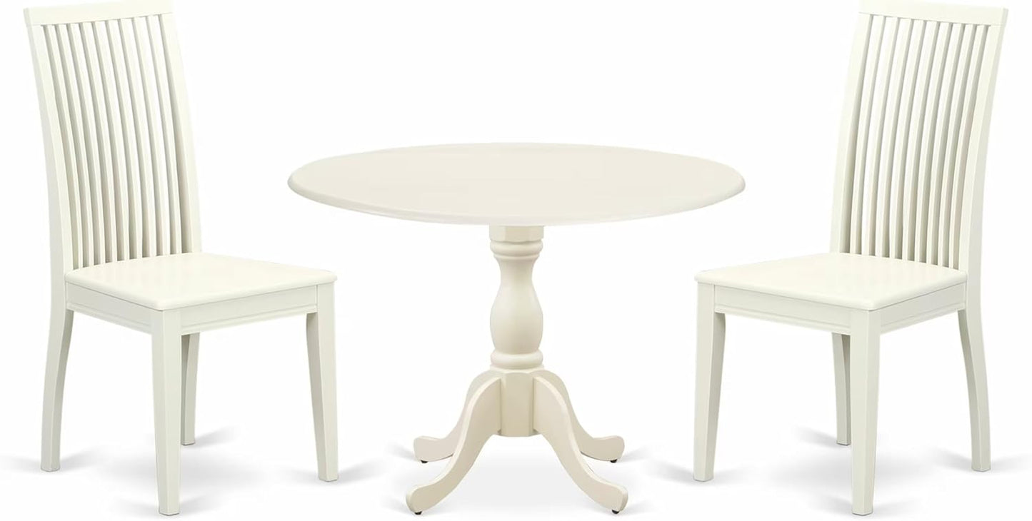 East West Furniture DMIP3-LWH-W 3 Piece Kitchen Table & Chairs Set Contains a Round Dining Table with Dropleaf and 2 Dining Room Chairs, 42x42 Inch, Linen White