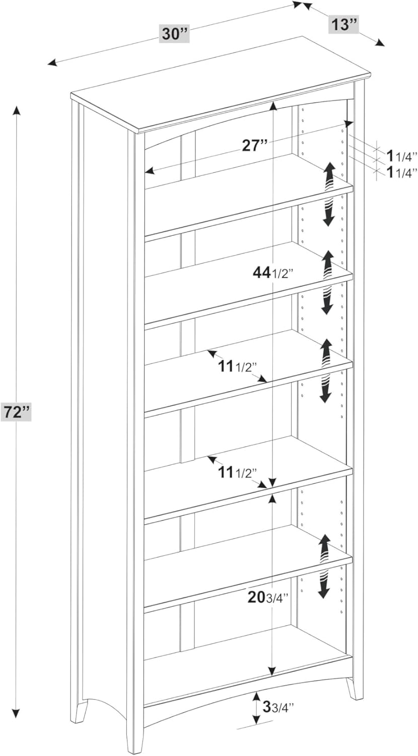 Camaflexi Shaker Style 6 Shelf Bookcase / Solid Wood / 72 inch Tall / Adjustable Shelving / Closed Back / Display Bookshelf for Living Room, Bedroom, Home and Office, Cherry