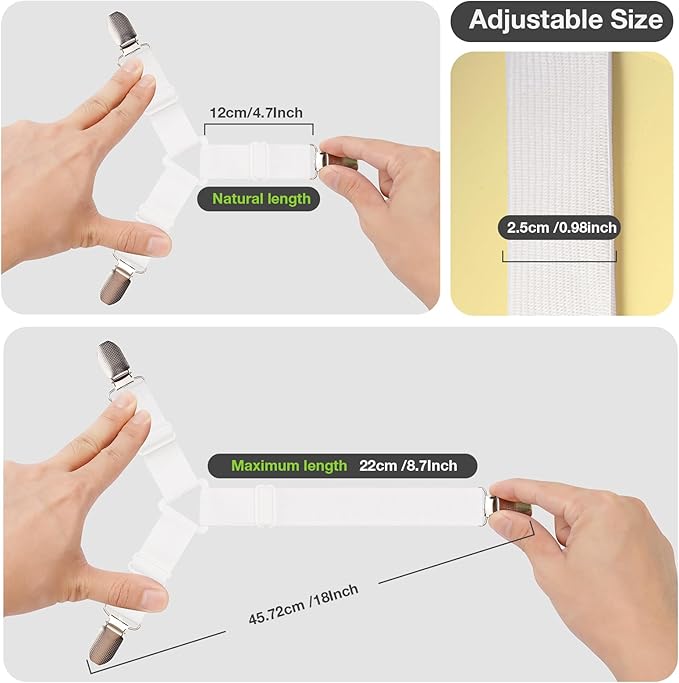 EasYoung 8PCS Bed Sheet Holder Straps, Adjustable Elastic Fasteners with Metal Clips, Keep in Place Fitted Bedding Holder, Easy Install for Wrinkle Bedding Sheet
