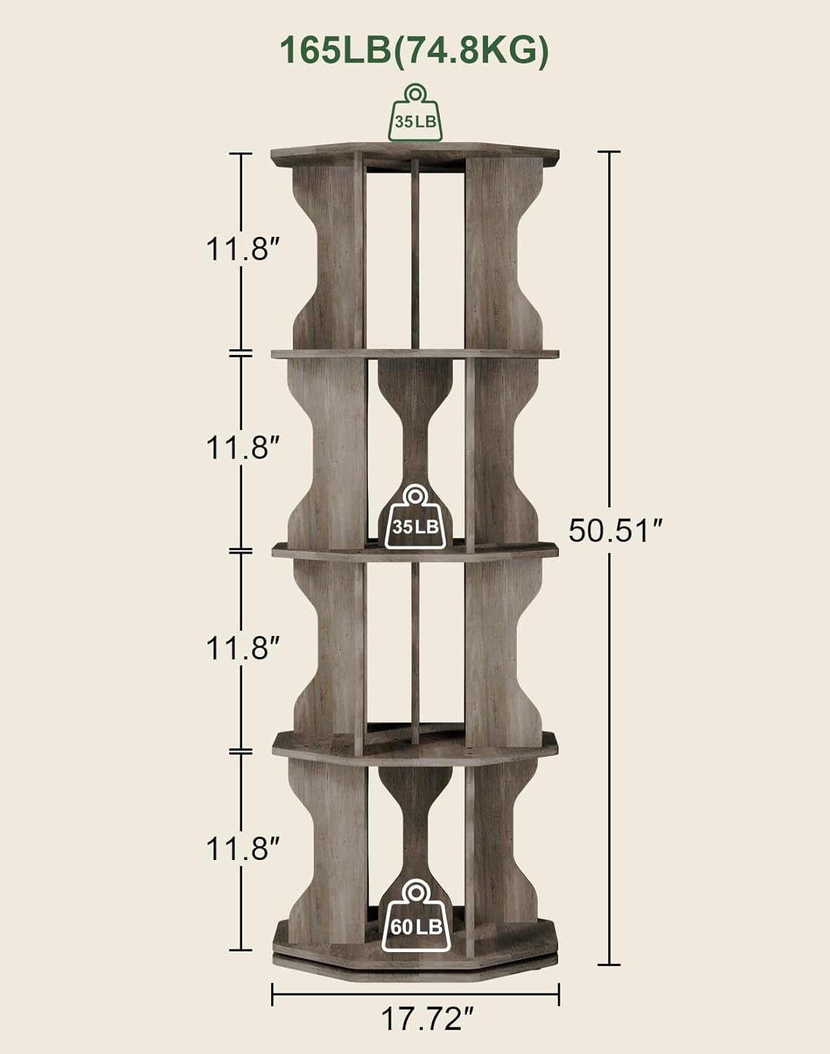 4 Tier Rotating Bookshelf, Spinning Bookshelf Tower Lazy Susan, Corner Revolving Storage Rack for Bedroom, Study Room, Kids Room, Living Room, Office, Gray