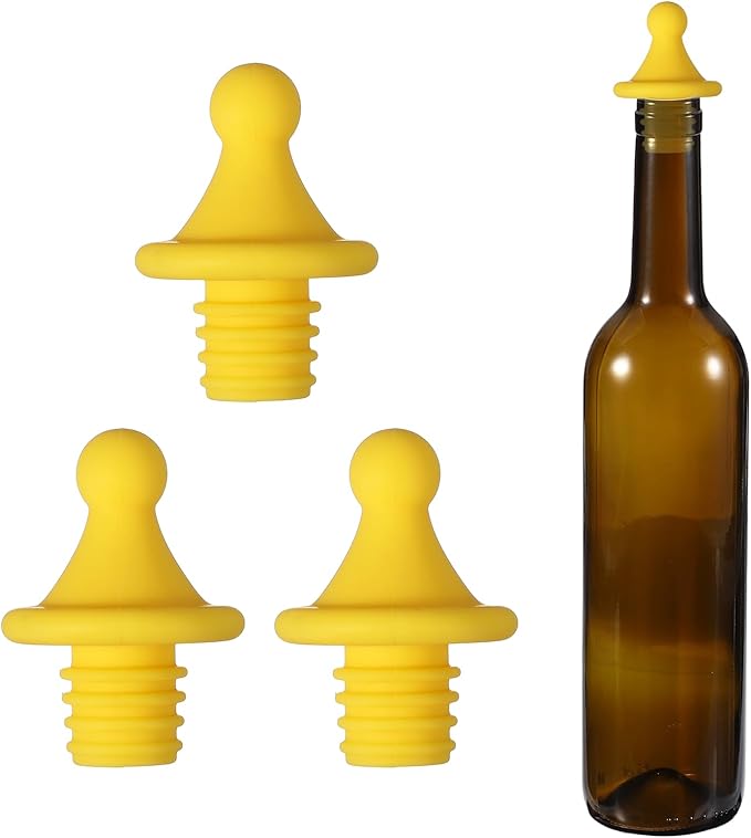 uxcell 3 Pcs Silicone Roof Shape Wine Stopper, Reusable Wine Stoppers Airtight Leak-proof Bottle Plug Liquor Saver with Beer Beverage Bottle Stopper for Bar Holiday Party, Yellow