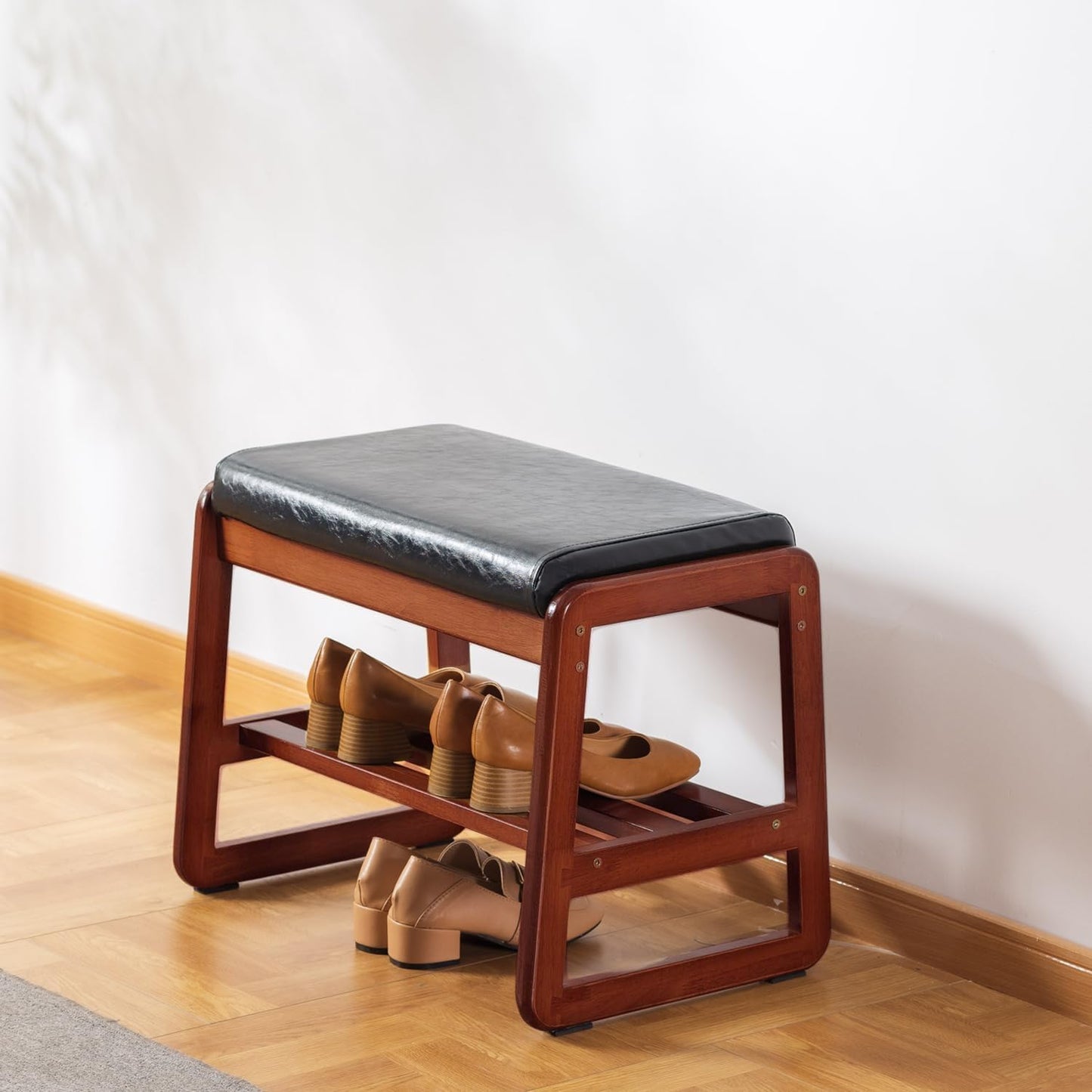 Solid Wood Shoe Bench, 2-Tier Wooden Entryway Bench, Modern Shoe Rack with Faux Leather Cushion for Hallway, Living Room (Black, 21.65'')