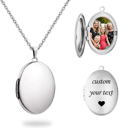 PHOCKSIN Glossy Oval Silver Lockets Personalized Locket Necklace for Women Custom Photo Locket Necklace with Text & Symbols Customized Lockets Gifts for Women