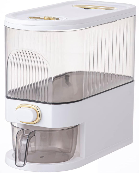 Sooyee 11Lbs Rice Dispenser, Large Grain Container Storage with Lid, Measuring Cylinder, Moisture Proof Household Cereal Dispenser Bucket for Kitchen Soybean Corn, Clear and White
