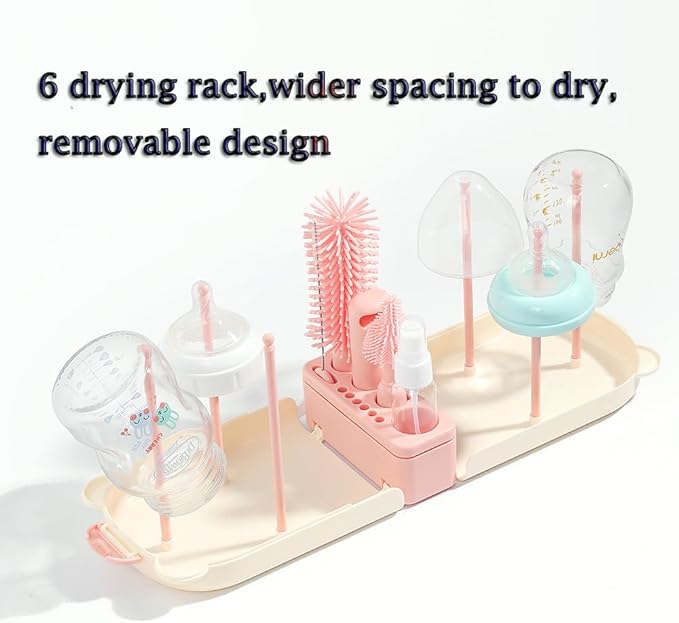 6 In1 Baby Bottle Brush Kit,Portable Silicone Bottle Brush Cleaner Set with Straw Brush,Nipple Brush,Drying Rack,Soap Dispenser,Storage Bag for Travel or Home,Stocking Stuffer(Pink)