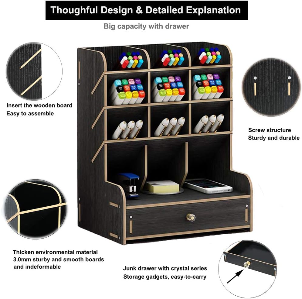 Marbrasse Wooden Desk Organizer, Multi-Functional DIY Pen Holder, Organizer for desk, Desktop Stationary, Easy Assembly, Home Office Art Supplies Storage with Drawer (B11-Black)