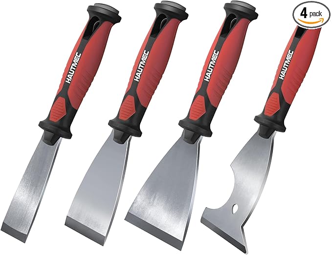 HAUTMEC Putty Knife 4 PC Set, 1.25",2",3" Paint Scraper & 3" 8-in-1 Paint Stripper, Heavy Duty Stainless Steel Blade and Hammer End for Removing Wallpaper, Plaster, Cement 25060