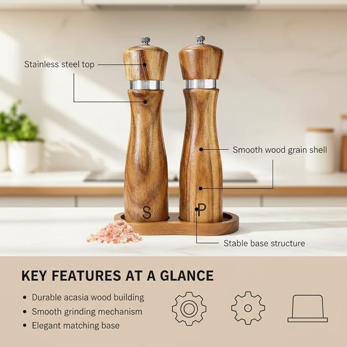 Wooden Salt and Pepper Grinder Set,salt grinder refillable,Adjustable Coarseness,Crafted of Solid Acacia Wood with Ceramic/Stainless Steel Core|Along withl Spoon,Tray,8in,2pack,easy to clean