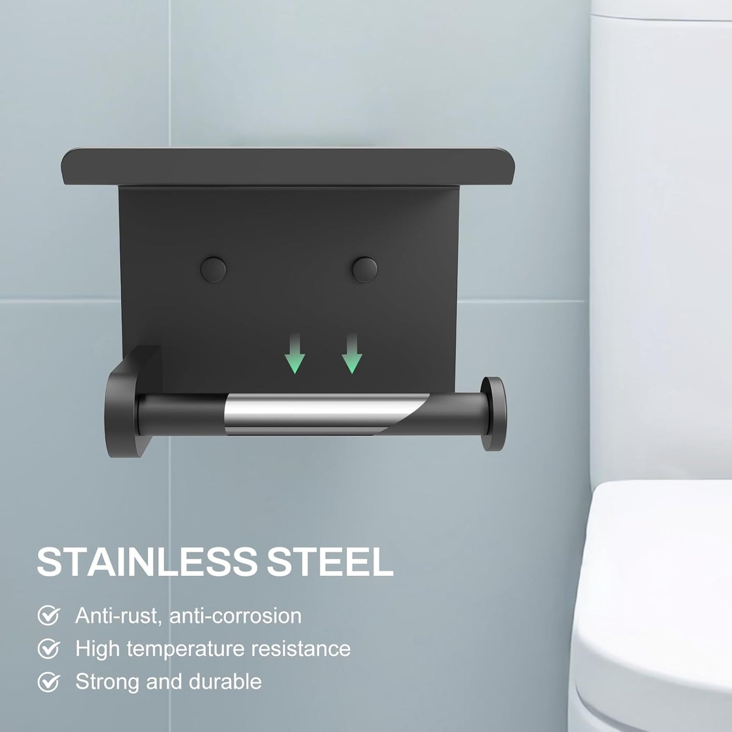 SetSail Toilet Paper Holder with Shelf Adhesive or Screw Bathroom Toilet Paper Roll Holders Wall Mount Matte Black Tissue Holder for Bathroom Hardware Accessories