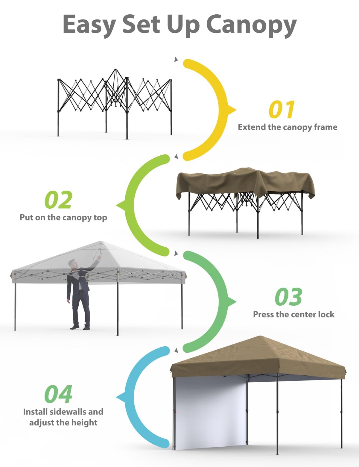 GarveeLife 10x10 Pop Up Canopy with One Sidewalls Easy Up Camping Tent with One Button Push Setup 1 Roller Bag 3 Adjustable Height 4 Weight Bags (Khaki)