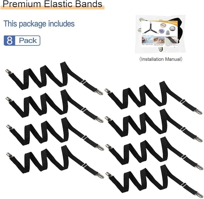 8Pcs Adjustable Bed Sheet Straps Clips, Elastic Mattress Sheet Fasteners Holder and Suspenders, Grippers to Hold Sheet, Mattress, Sofa, Couch, Table Cloth, Ironing Board Cover