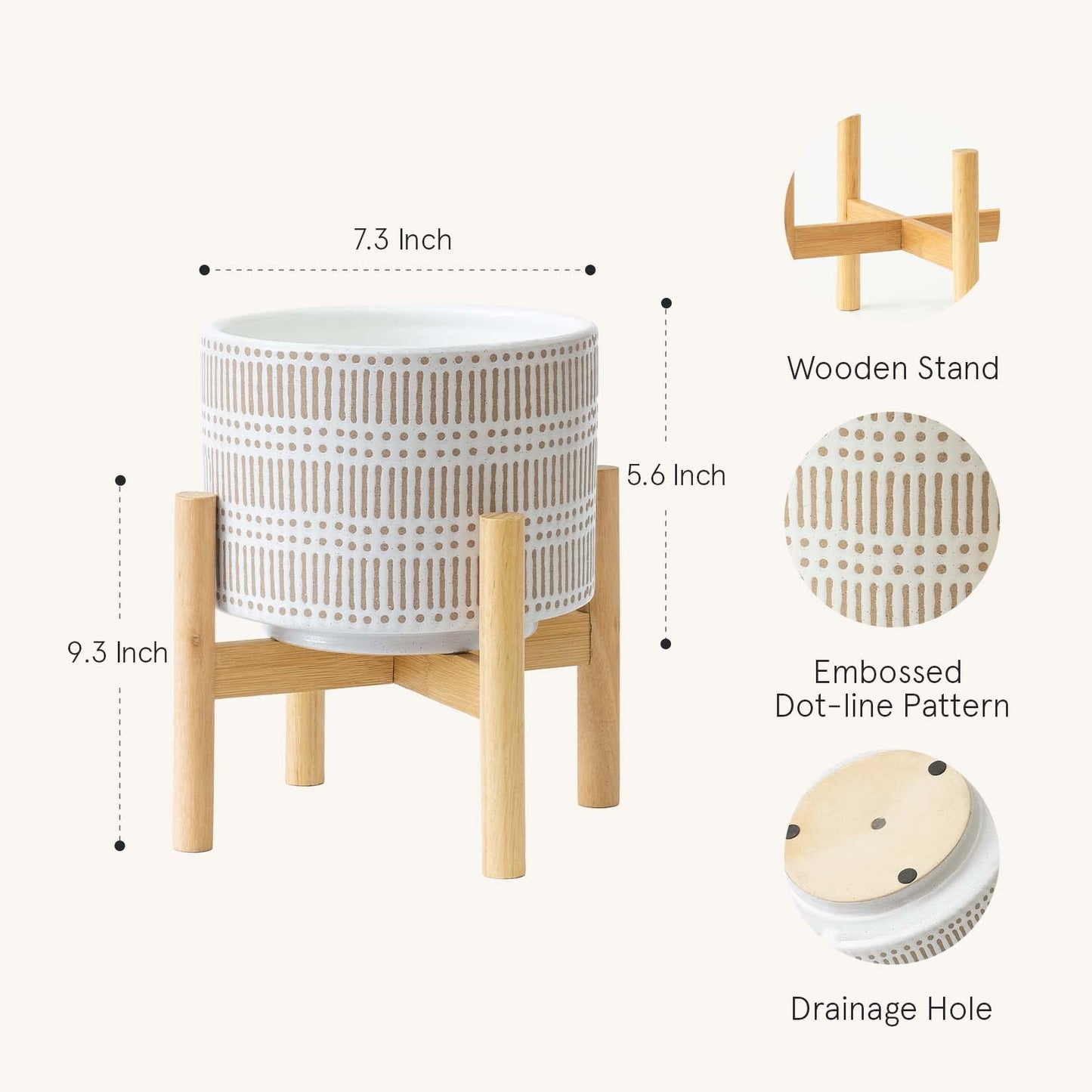 LA JOLIE MUSE Ceramic Plant Pot with Wood Stand - 7.3 Inch Modern Round Decorative Flower Pot Indoor with Wood Planter Holder, Beige and White