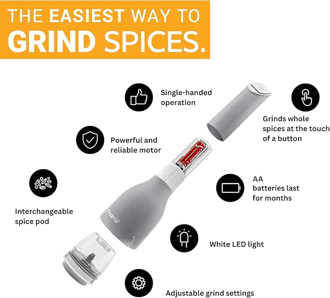 FinaMill Classic Battery Spice Mill – Battery Operated Salt and Pepper Grinder Set, Includes 2 Interchangeable Spice Pods, Adjustable Coarseness, Ceramic Grinder, LED Light, Kitchen Gifts for Women