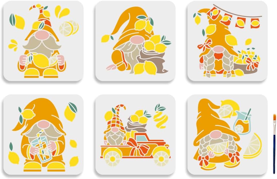 MAYJOYDIY 6pcs Lemon Gnome Stencils 8×8inch Gnome Themed Stencils with Paint Brush Reusable Summer Lemon Juice Truck Drawing Template for Canvas Wall Wood DIY Craft Home Decor