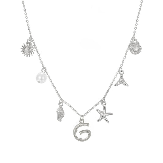 JALZEMPL Initial Charm Necklace For Women Seashell Shell Letter Boho Summer Beach Starfish 14k Gold Plated Silver Pendant Surfer Jewelry Gifts (G,Silver)