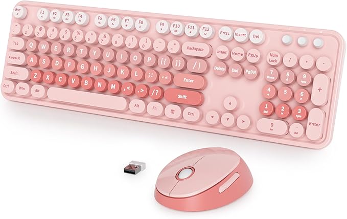 Wireless Keyboard and Mouse Set, Retro Typewriter Keyboard, 2.4GHz Full Size 104-Key Cute Keyboard with Number Pad, Colorful Keyboard with Round Keycaps for Windows PC Laptop(Pink)