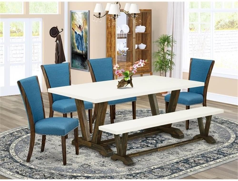 East West Furniture V727VE721-6 6 Piece Dining Table Set Contains a Rectangle Dining Room Table with V-Legs and 4 Blue Color Linen Fabric Parson Chairs with a Bench, 40x72 Inch, Multi-Color