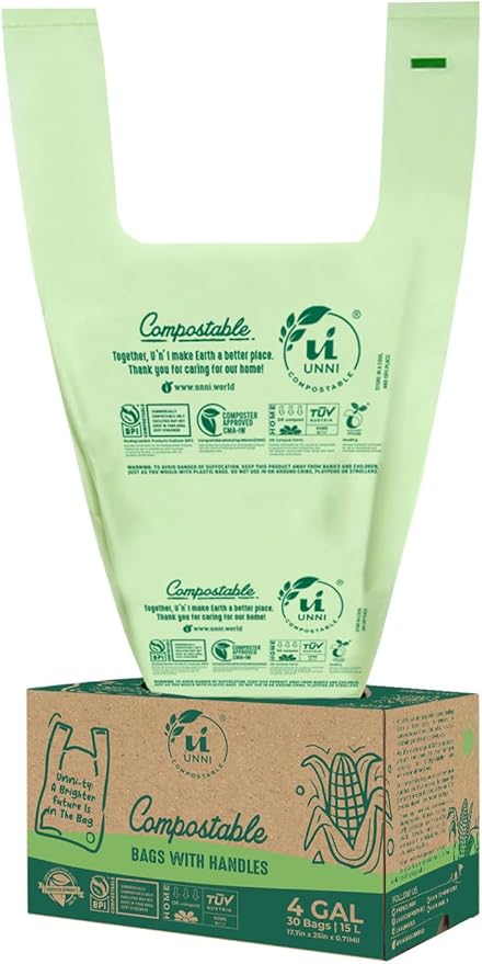UNNI Compostable T-Shirt Bags with Tie Handles, 4 Gallon / 15 Liter, 30 Count, 0.71 mil Small Kitchen Compost Liners, Certified by BPI, CMA & OK compost HOME, Meets ASTM D6400