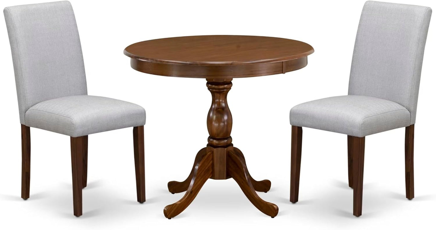 East West Furniture AMAB3-AWA-05 3 Piece Kitchen Table Set for Small Spaces Contains a Round Dining Room Table with Pedestal and 2 Grey Linen Fabric Parsons Chairs, 36x36 Inch, Walnut