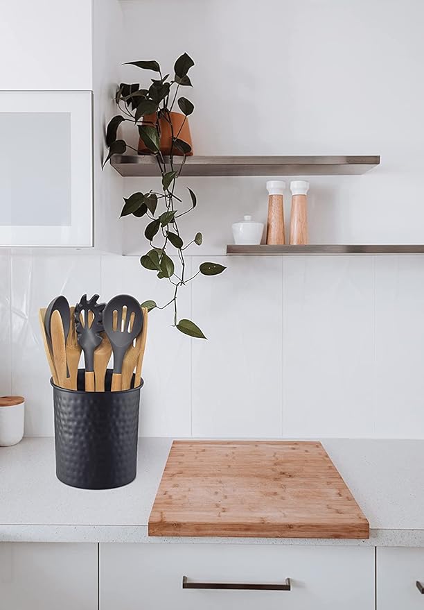 Monarch Abode Kitchen Utensil Holder – Hand Hammered Metal Black Utensil Holder, Decorative Utensil Crock for Kitchen Counter, Cooking Tool and Spatula Holder for Countertop, Caddy Organizer