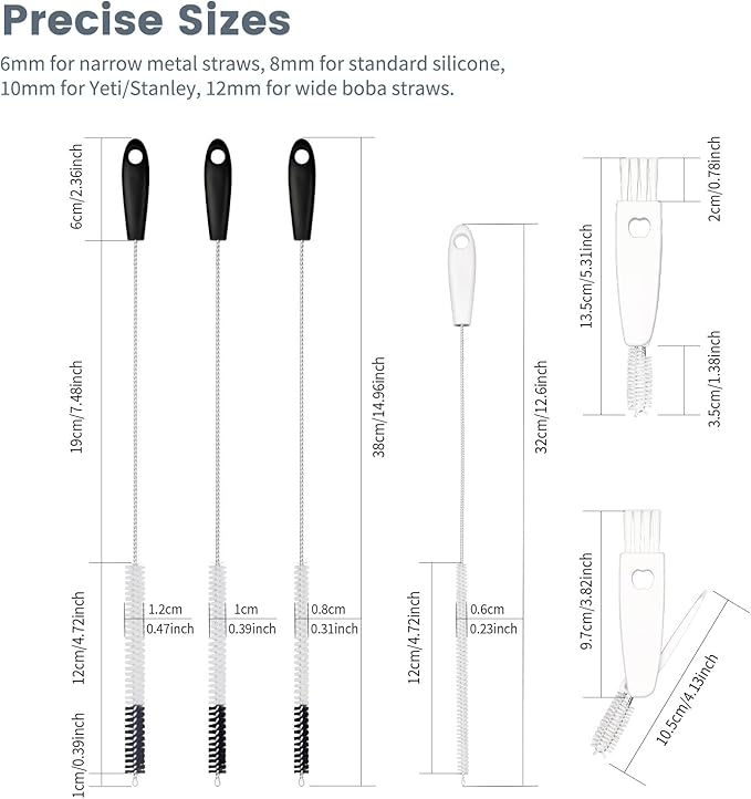 Straw Cleaning Brush Set, 4 Sizes (6/8/10/12mm) + 3-in-1 Lid Brush, 15-Inch Long Handle for Thorough Reach, Fits Most Reusable Cups and Straws for Home & Travel Use, Black