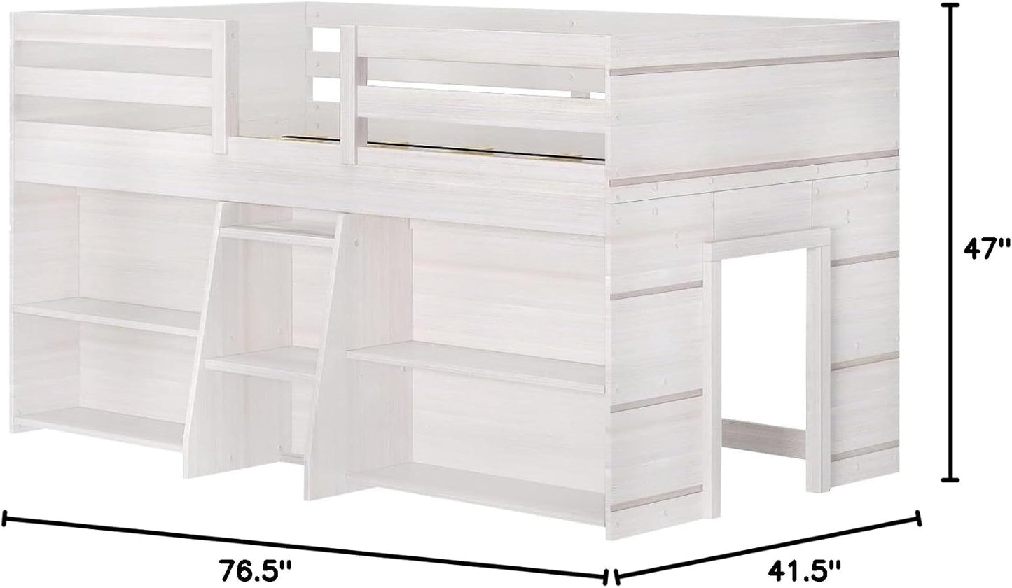 Max & Lily Modern Farmhouse Low Loft Bed, Twin Bed Frame for Kids with 2 Bookcases, White Wash