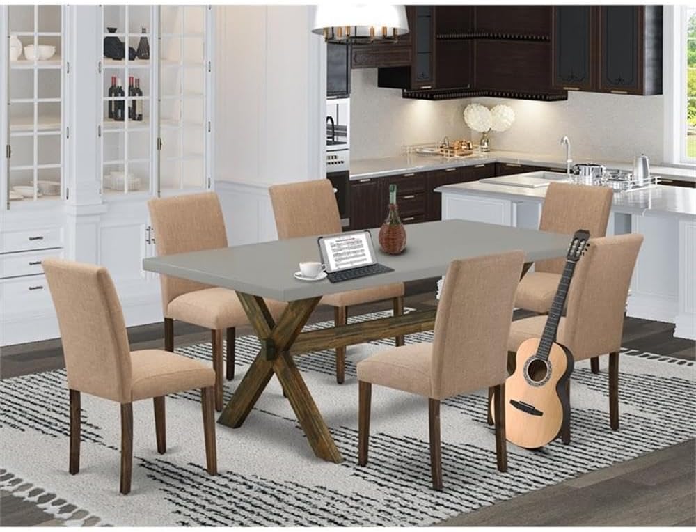 East West Furniture X797AB747-7 7 Piece Dining Table Set Consist of a Rectangle Dining Room Table with X-Legs and 6 Light Sable Linen Fabric Upholstered Chairs, 40x72 Inch, Multi-Color